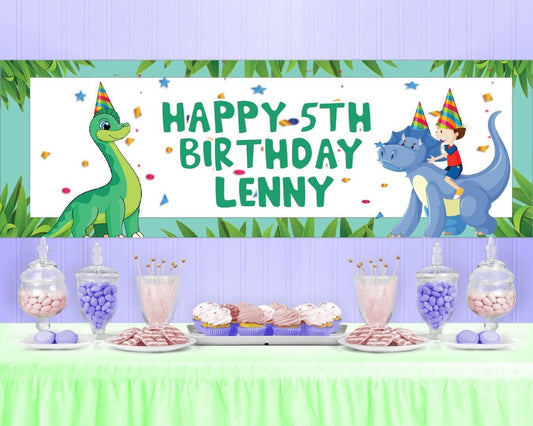 2x Personalised Dinosaur Birthday Banner Set: Jurassic Party Decor