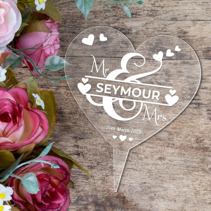 Personalised Name Wedding Cake Topper Engraved Acrylic Heart Mr & Mrs Decoration