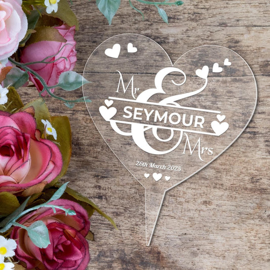 Personalised Name Wedding Cake Topper Engraved Acrylic Heart Mr & Mrs Decoration