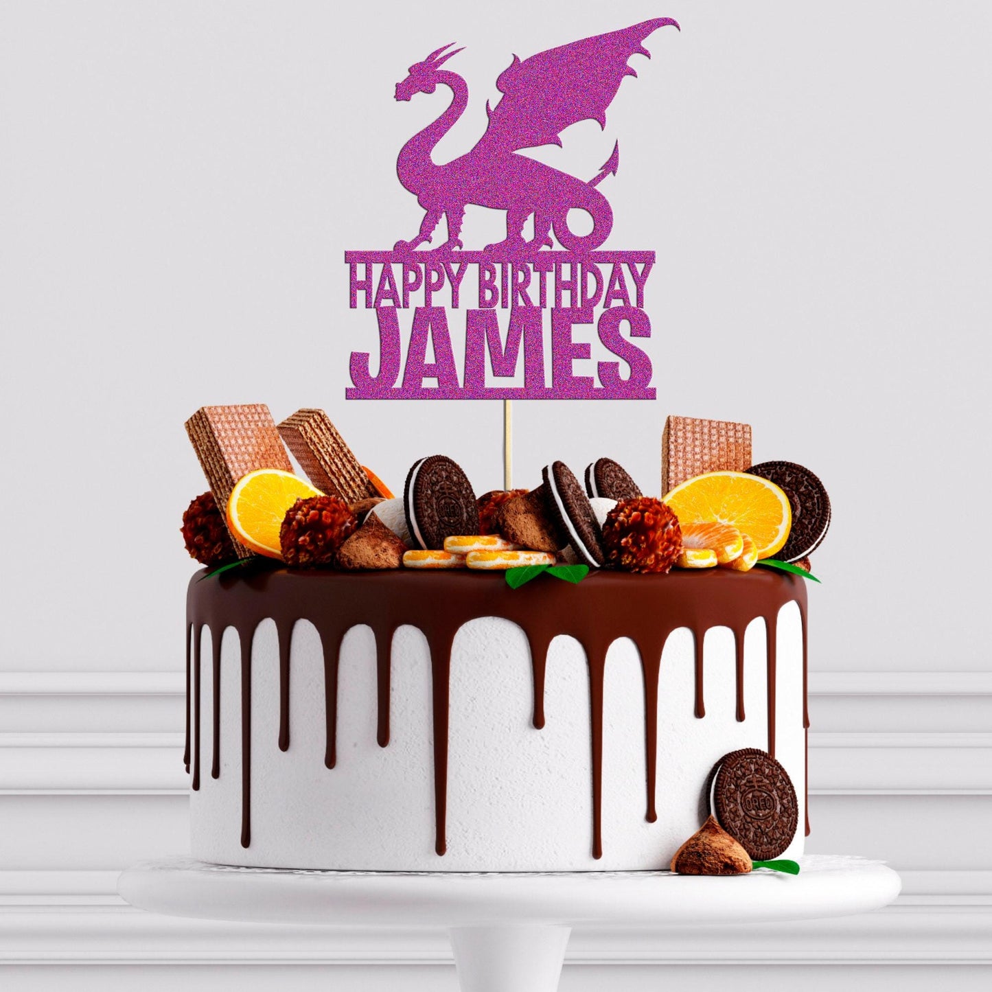 Personalised Dragon Birthday Cake Topper: Double Sided Glitter Decoration