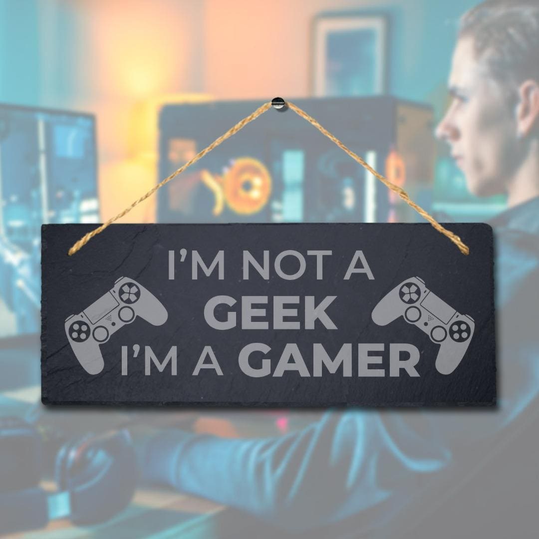 Geek Gamer Laser Engraved Hanging Slate Gaming Room Home Door Funny Plaque Sign