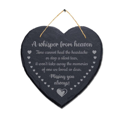 A Whisper From Heaven Laser Engraved Hanging Memorial Heart Shape Slate Sign