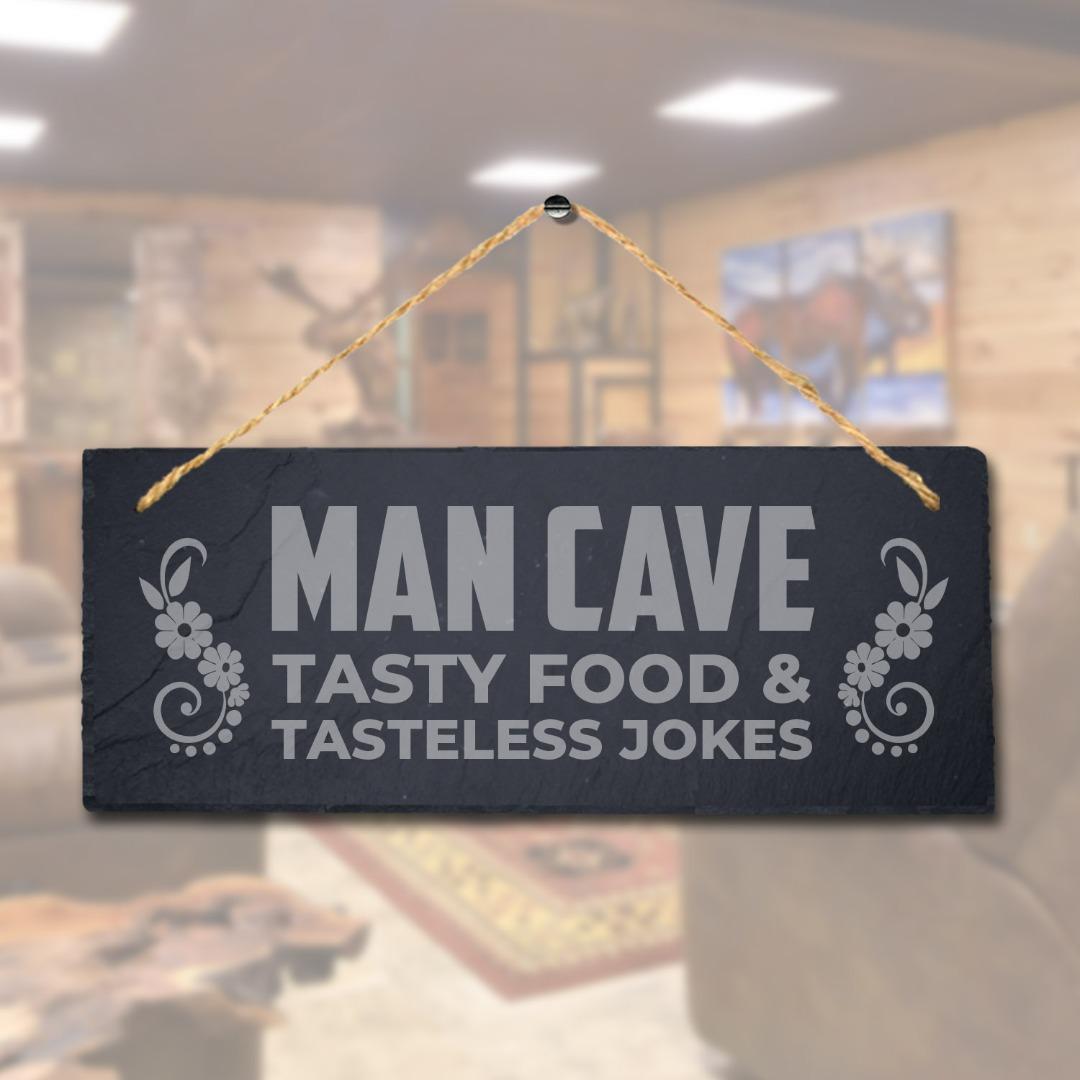 Man Cave Tasty Food Laser Engraved Hanging Home Slate Pub Bar Decor Plaque Sign
