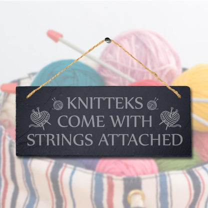 Knitteks Come With Strings Engraved Hanging Slate Stitching Tailor Plaque Sign