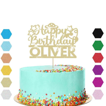 Personalised Glitter Outer Space Birthday Cake Topper: Alien UFO Theme Party Decoration
