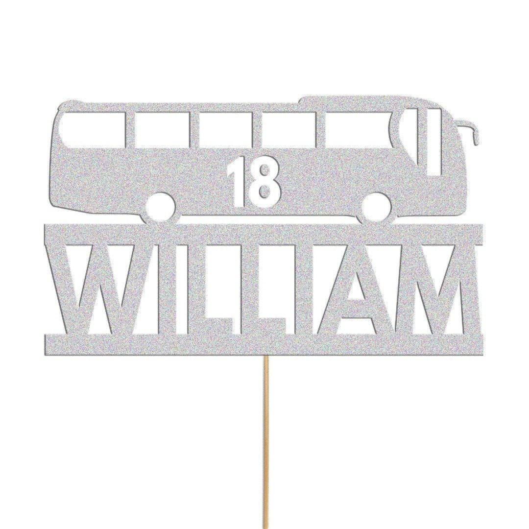 Personalised Glitter Bus Cake Topper: Custom Name & Age