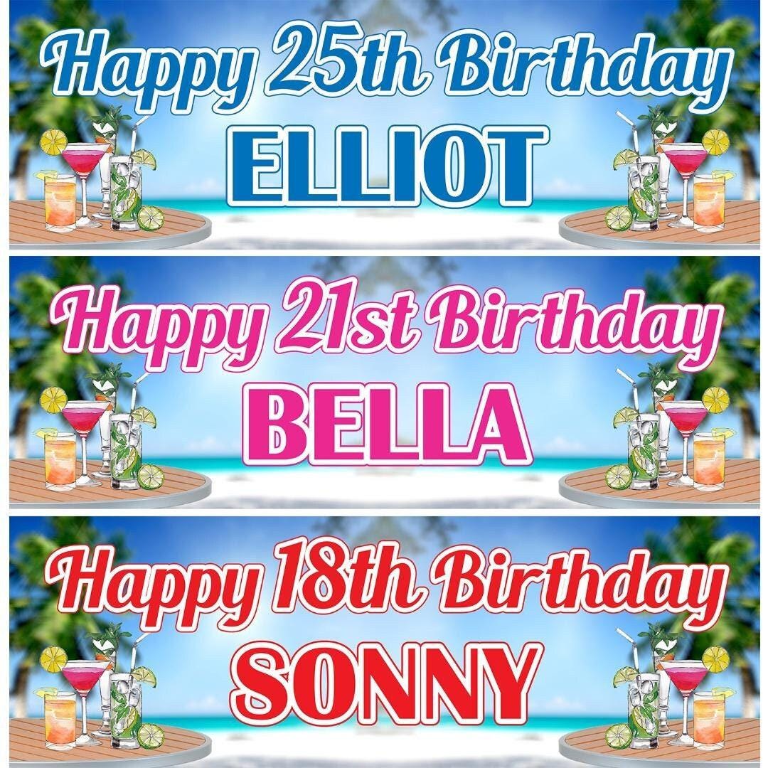 Personalised Beach Birthday Banner: Cocktail Theme, Any Name & Age (Set of 2)