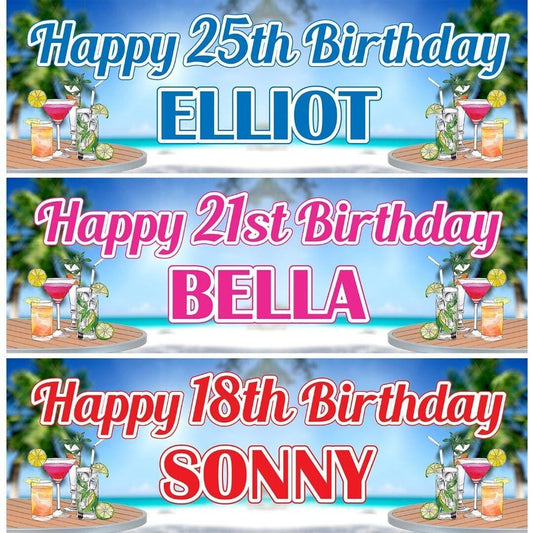 Personalised Beach Birthday Banner: Cocktail Theme, Any Name & Age (Set of 2)