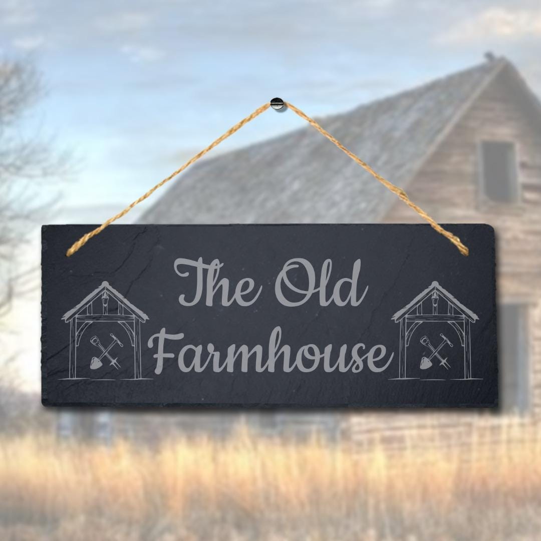 The Old Farmhouse Laser Engraved Hanging Slate Farm House Home Decor Plaque Sign