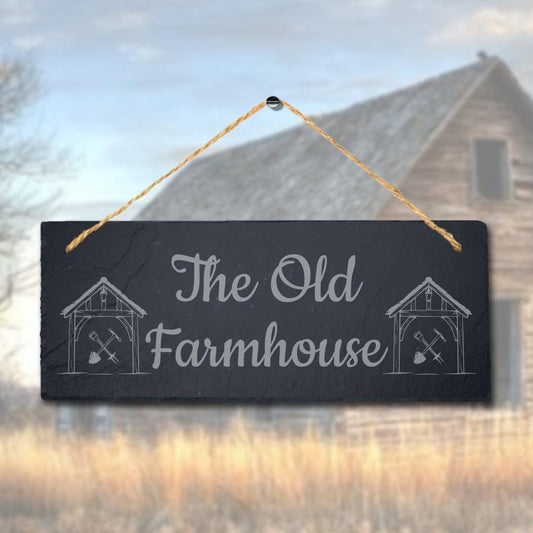 The Old Farmhouse Laser Engraved Hanging Slate Farm House Home Decor Plaque Sign