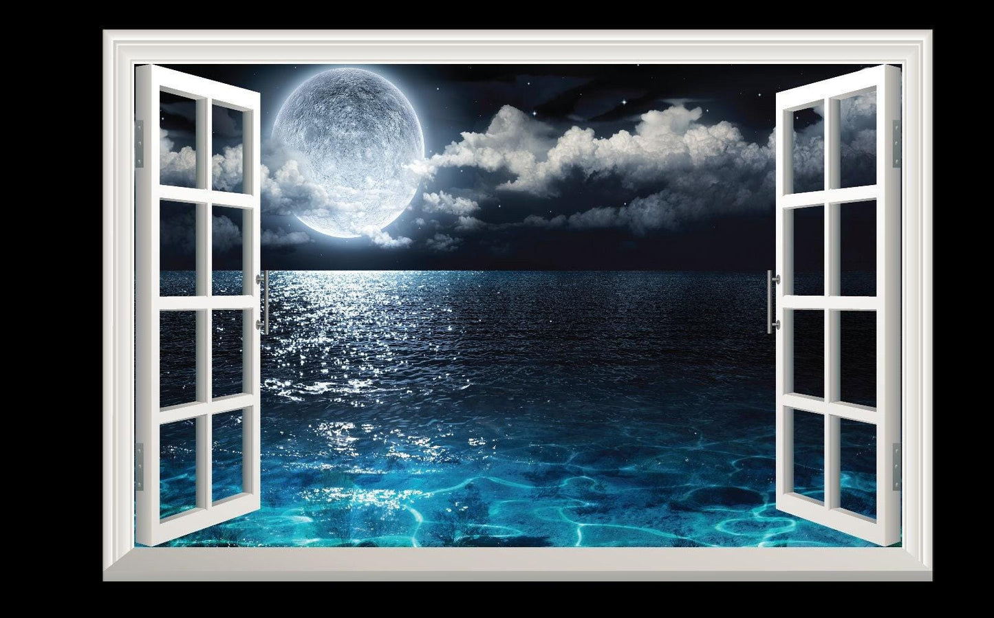 Full Moon Ocean View Wall Decal: 3D Window Seascape Mural