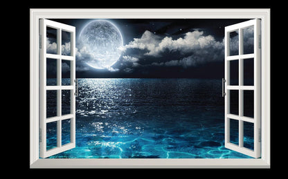 Full Moon Ocean View Wall Decal: 3D Window Seascape Mural