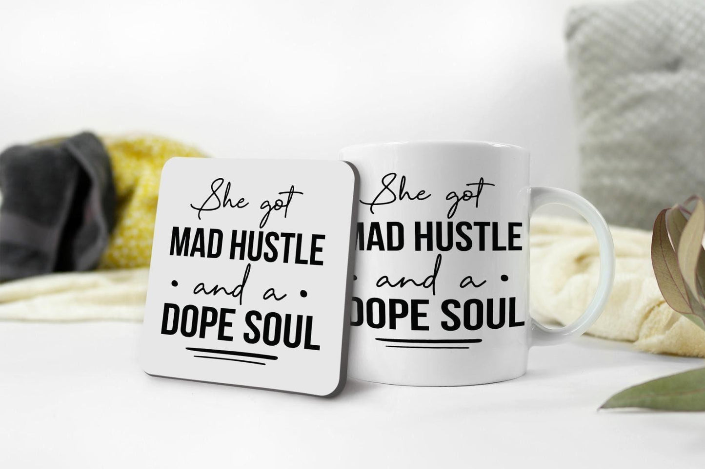 Hustle And A Dope Soul Mug & Coaster Set Funny Mad Boss Birthday Office Tea Gift