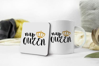Nap Queen - Funny Ceramic Novelty Mug & Coaster Coffee Tea Cup Office Humour Workspace Gift