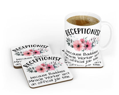 Receptionist Mug & Coaster Set Baddass Miracle Worker Funny Birthday Coffee Gift