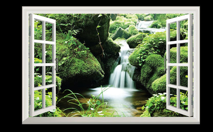 3D Waterfall Window View Wall Decal: Green Forest Mural