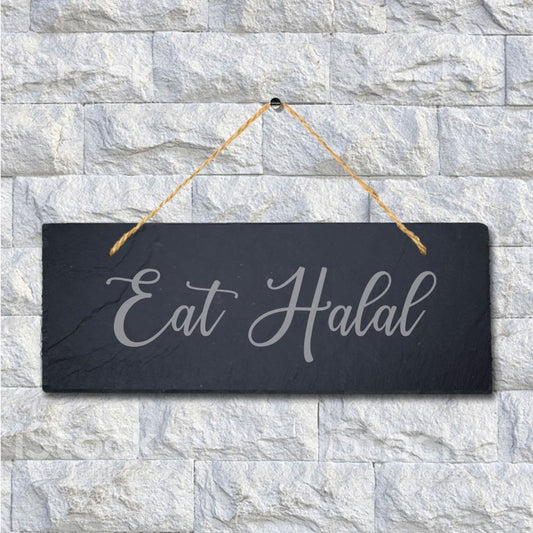 Eat Halal Laser Engraved Islamic Arabic Calligraphy Hanging Slate Plaque Sign