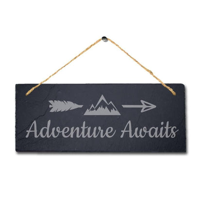 Adventure Awaits Laser Engraved Hanging Slate Camping Hiking Plaque Sign