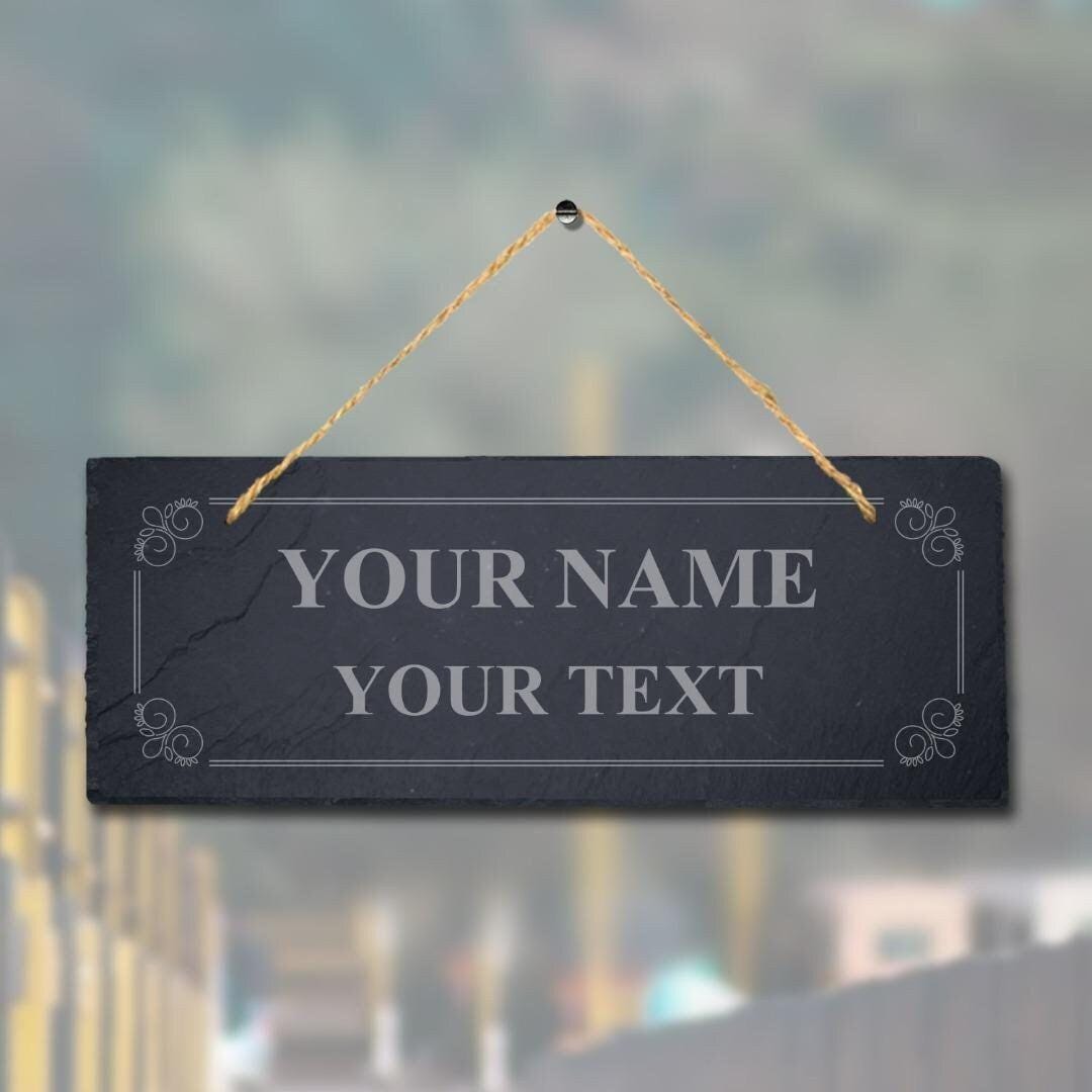Personalised Name Text With Border Laser Engraved Hanging Slate Garden Plaque Sign