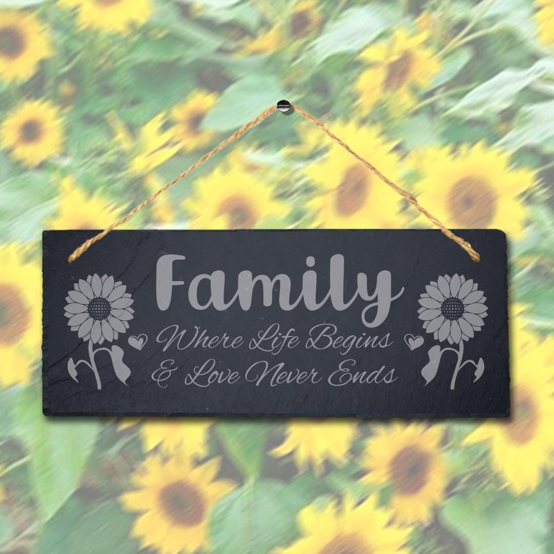 Family Where Life Begins Laser Engraved Hanging Slate House Home Plaque Sign
