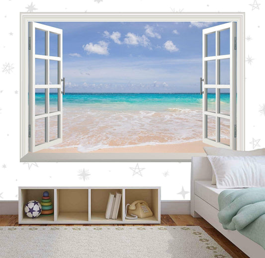 Tropical Beach Window View Wall Decal: 3D Sea & Sand Mural
