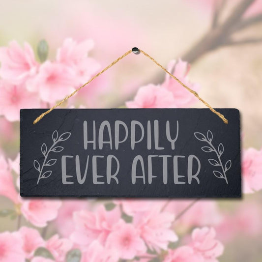 Happily Ever After Laser Engraved Hanging Slate Wedding Fence Door Plaque Sign