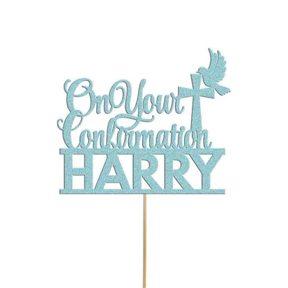 Personalised Glitter Confirmation Cake Topper: Dove, Cross, Any Name