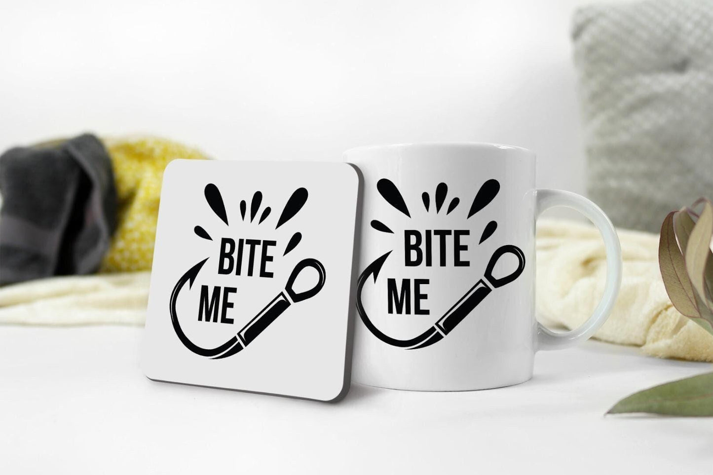 Bite Me Mug & Coaster Set Fishing Hook Fisherman Birthday Christmas Coffee Gift