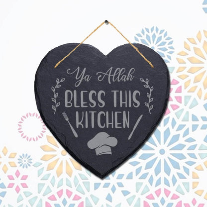 Ya Allah Bless This Kitchen Engraved Islamic Wall Hanging Slate Heart Plaque Sign
