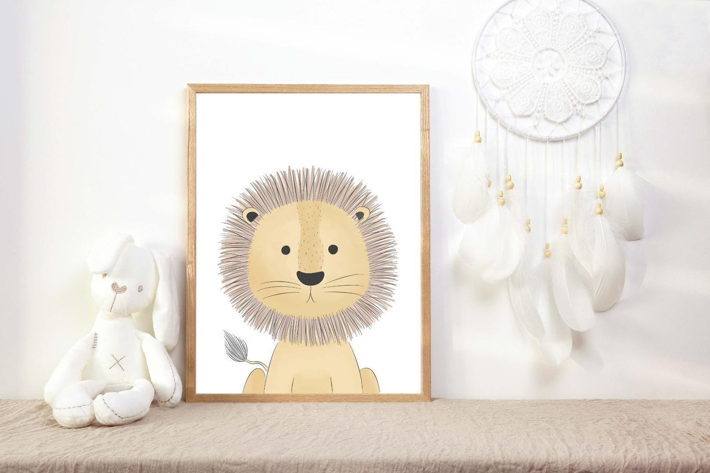 Lion Animal Kids Bedroom Watercolour Hand Painted Effect Nursery Wall Art Poster