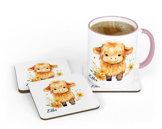 Highland Cow Personalised Mug & Coaster Set Fluffy Cute Highland Cow Girls Gift For Birthdays Christmas