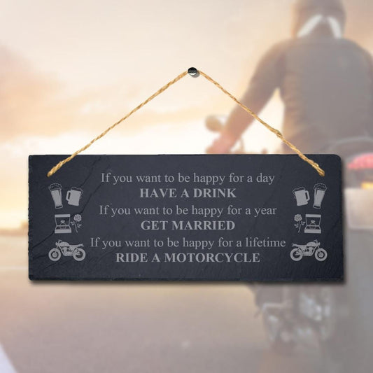 Laser Engraved Slate Plaque: Happy Life Motorcycle Sign