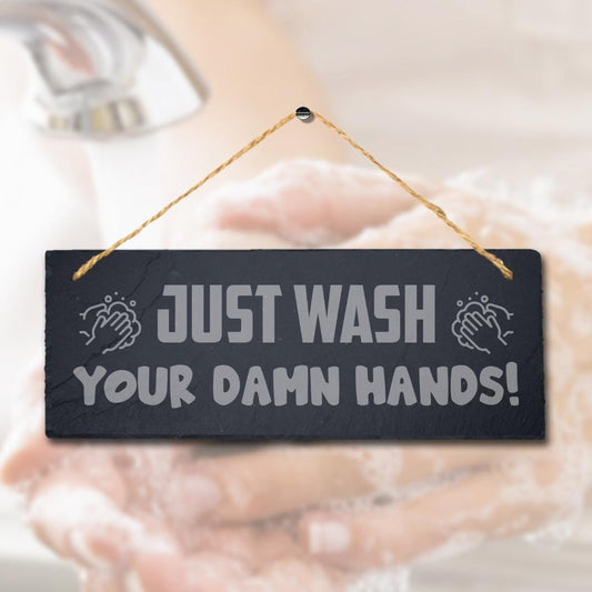 Wash Hands Hanging Slate Sign Engraved Plaque Toilet Restroom Washroom Home Gift
