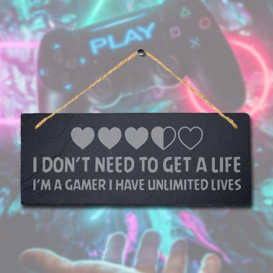 Life Gamer Laser Engraved Hanging Slate Gaming Home Room Door Funny Plaque Sign