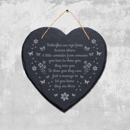 Butterflies Are Sign From Heaven Engraved Hanging Memorial Heart Shape Slate Sign