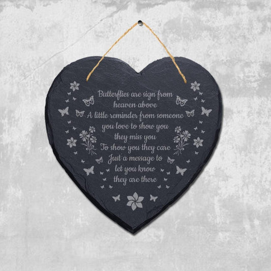 Butterflies Are Sign From Heaven Engraved Hanging Memorial Heart Shape Slate Sign