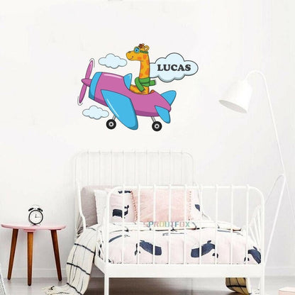 Personalised Giraffe Aeroplane Wall Sticker Name Vinyl Decal Boys Kids Nursery Bedroom