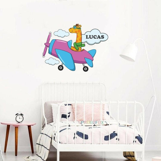 Personalised Giraffe Aeroplane Wall Sticker Name Vinyl Decal Boys Kids Nursery Bedroom