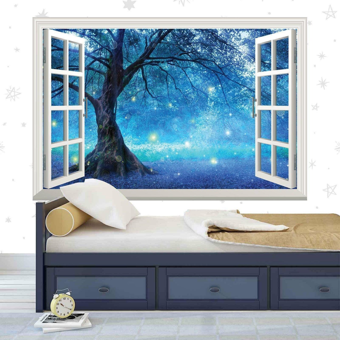 Blue Fairy Tree Wall Decal: 3D Window View, Forest Mural
