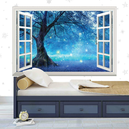Blue Fairy Tree Wall Decal: 3D Window View, Forest Mural