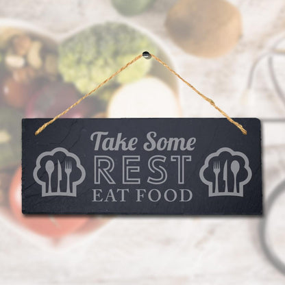 Take Rest Eat Food Laser Engraved Hanging Rustic Slate Kitchen Home Plaque Sign