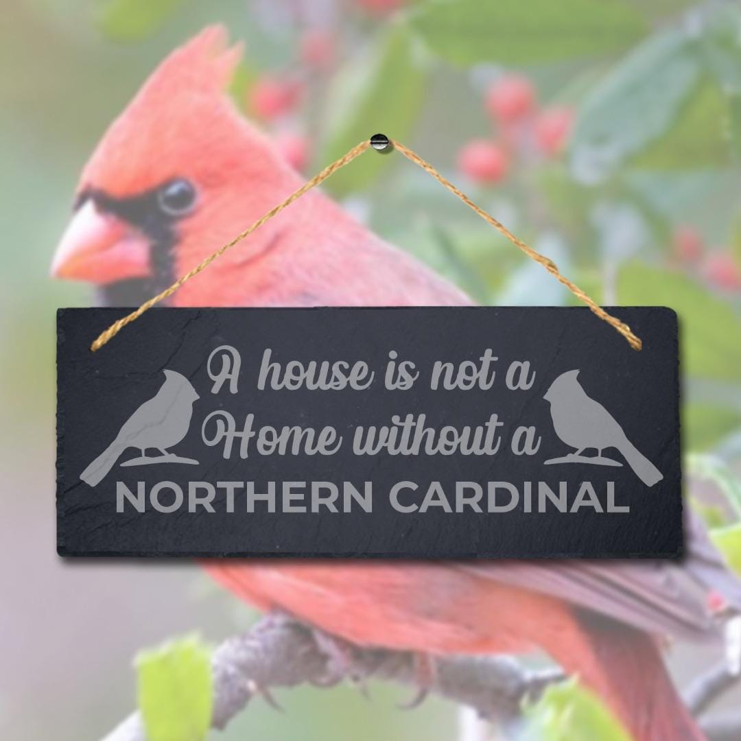 House Not Home Without Northern Cardinal Laser Engraved Hanging Slate Bird Sign