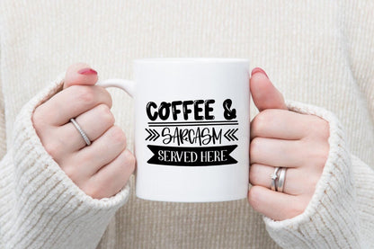 Coffee & Sarcasm Served Here - Funny Ceramic Novelty Mug And Coaster Coffee Tea Cup Gift