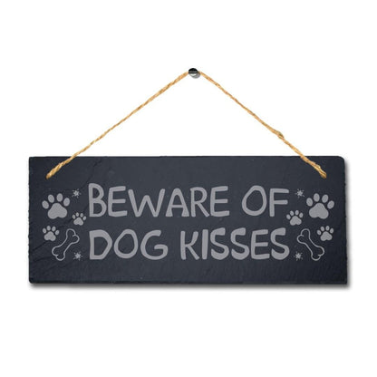 Beware Of Dog Kisses Hanging Slate Kennels Pup Puppy Funny Gift Home Wall Sign