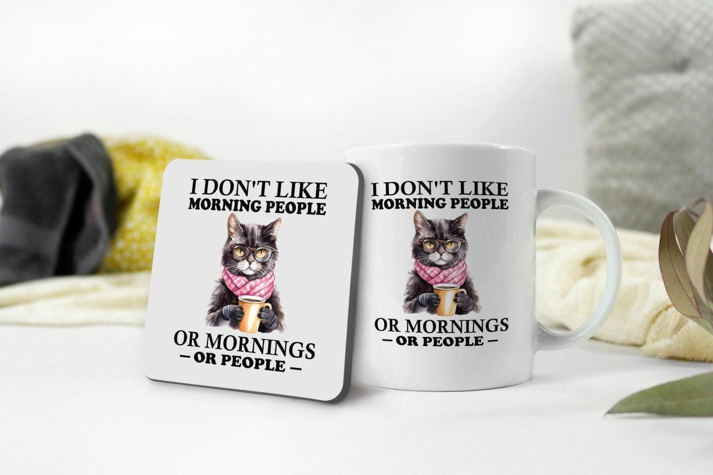 Funny Sarcastic Coffee Mug & Coaster Set: I Don't Like Morning People
