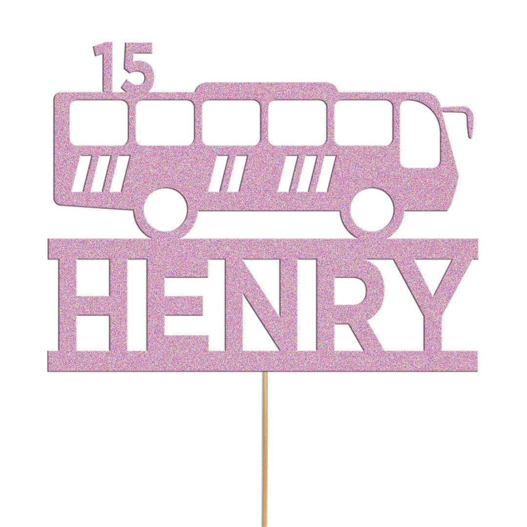 Personalized Glitter Bus Cake Topper: Custom Name & Age