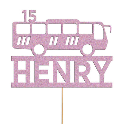 Personalized Glitter Bus Cake Topper: Custom Name & Age