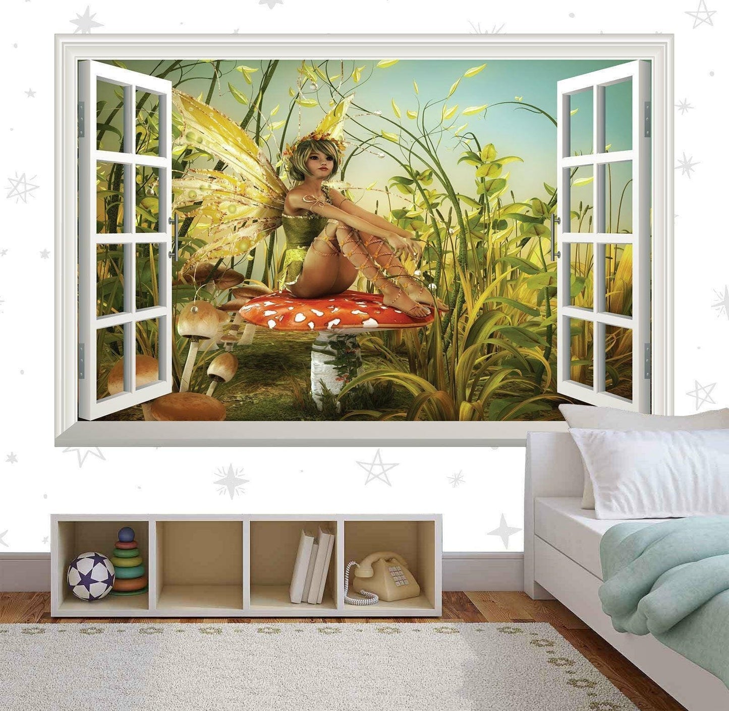 Green Fairy Window View Wall Decal: Woodland Tinker Mural