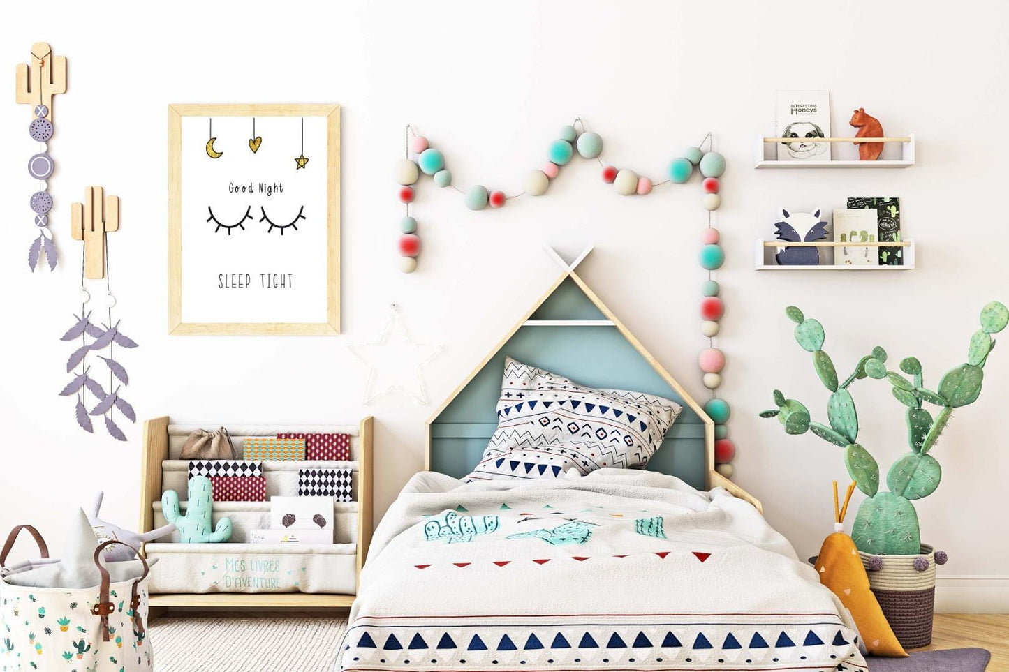 Good Night Eye Lashes Kids Boho Hand Painted Effect Nursery Wall Print Poster