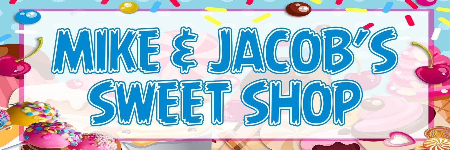 2 Personalised Sweet Shop Birthday Party Celebration Banners Decoration Posters